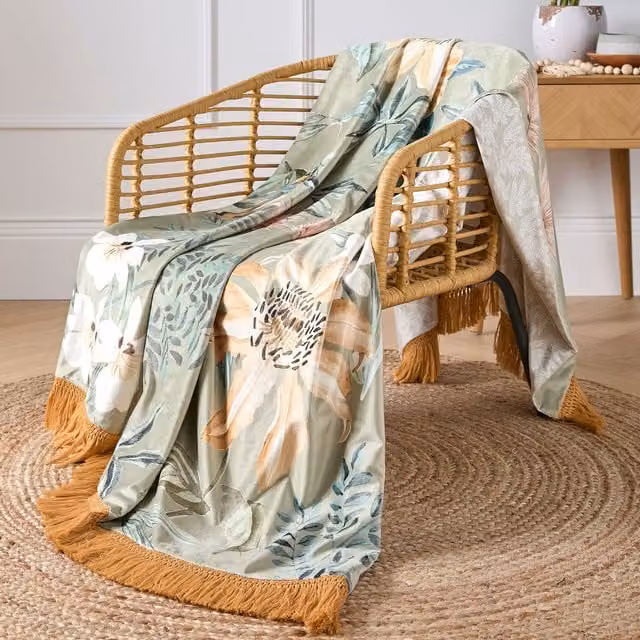 Soiree Sagara Floral Print Velvet Throw in Green and Gold, W: 130 cm, D: 180 cm