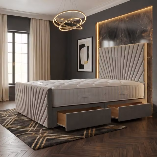 Somnior Beds Ltd Sunrise Silver Velvet Divan Bed with Mattress and Drawers W/D/H: 180 x 200 x 115 cm