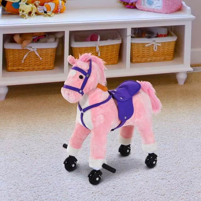 HOMCOM Interactive Pink Plush Rocking Horse Sensory Toy with Sound