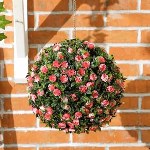 HOMCOM Set of 2 Pink Artificial Rose Topiary Balls, Diameter: 28 cm – 4