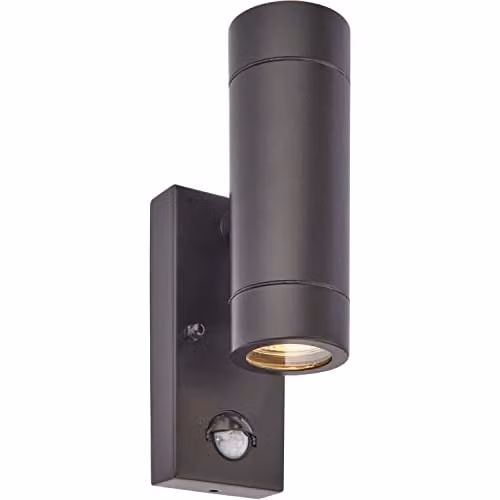 Loops Twin Up & Down IP44 Wall Light with PIR Motion Sensor in Matt Black Stainless Steel and Transparent Glass for Garden and Outdoor Use, GU10 LED Compatible – 1