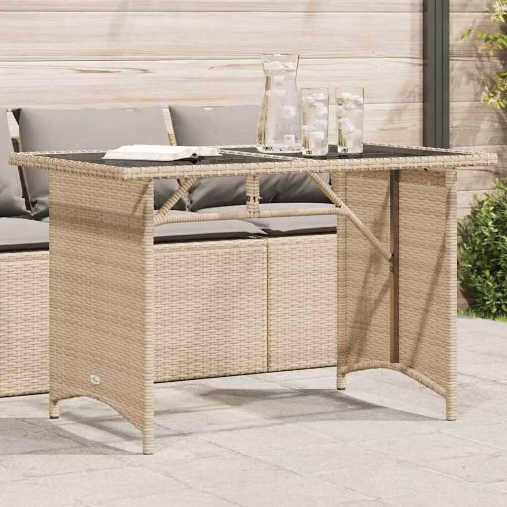 Berkfield Home Beige Poly Rattan Garden Table with Glass Top, W/D/H: 110 x 68 x 70 cm – 2