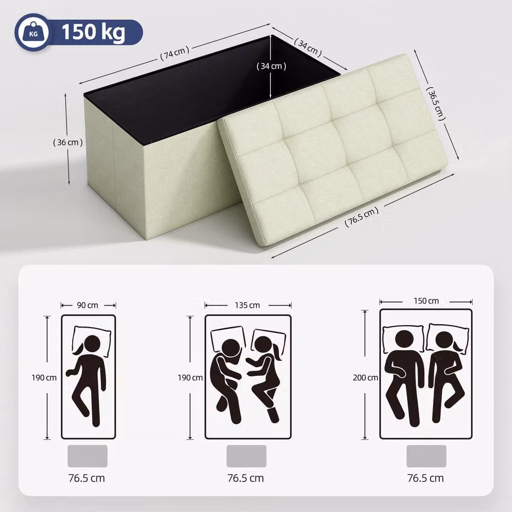 MCC Direct Foldable Upholstered Storage Ottoman Bench in Beige, W: 76 cm, D: 36 cm, H: 36 cm – 4