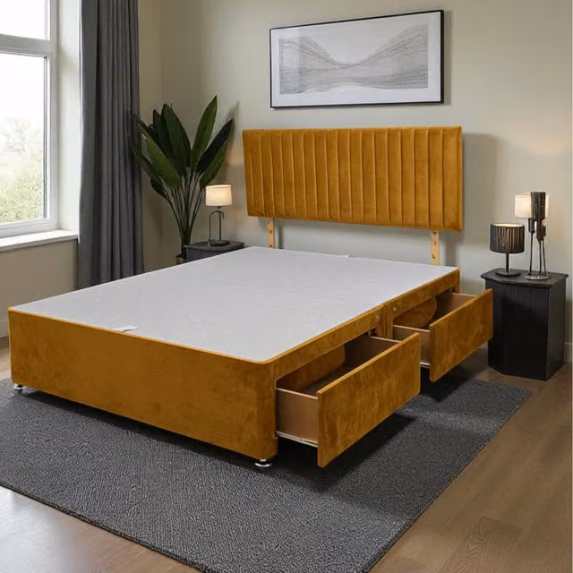 Knight Sleep Emily Divan Bed Base with 2 Drawers and Headboard, Yellow Velvet, W/D/H: 180 x 200 cm