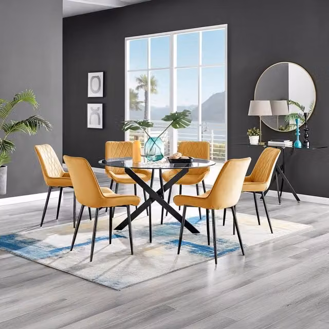 FurnitureboxUK Novara Round Glass Dining Table with 6 Pesaro Mustard Chairs