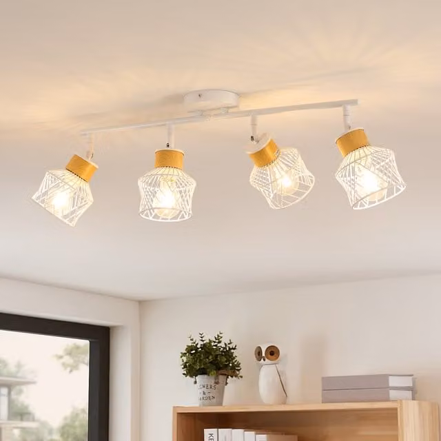 GOECO White Industrial Ceiling Light with 4 Adjustable E27 Spotlights in Metal and Wood