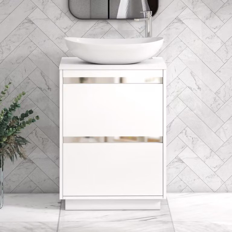 Royal Bathrooms Orion 600mm Matt White Floor Standing 2 Drawer Vanity Unit with Cesar Basin and Chrome Accent Trim