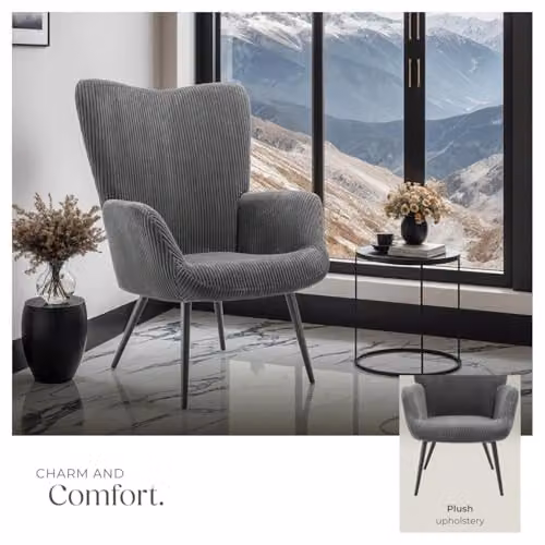 tectake Hygge Corduroy Armchair in Scandinavian Style with Foam Padding and Metal Frame, Anthracite/Black/Grey – 6