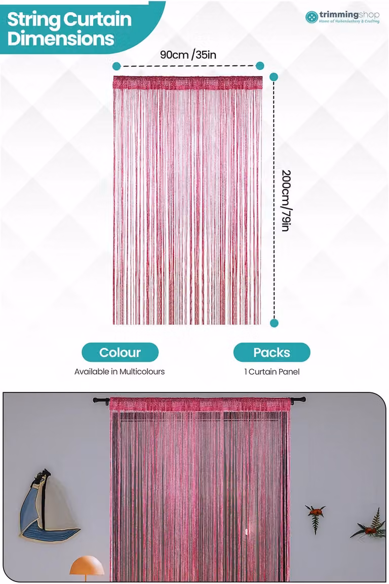 Neel Blue Glitter String Curtain in Fuchsia Pink, Polyester Fringe Tassel Panel, W: 90 cm, H: 200 cm