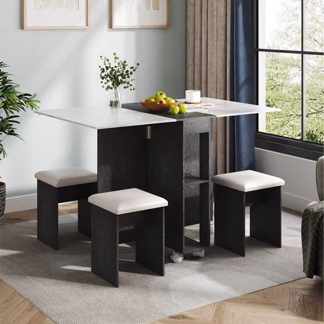 Komore Modern Black Rectangular Folding Dining Table and Chair Set with Drop Leaf and Storage Rack
