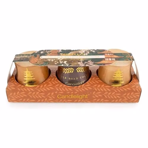 Candlelight Moroccan Spice Mini Votive Candles in Terracotta, Red and Gold, Set of 3 x 100g