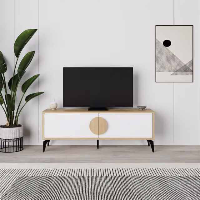 Decortie Gora Modern TV Unit with 2 Doors Storage Cabinet, Oak and White, W: 140 cm, H: 51 cm, D: 35.5 cm