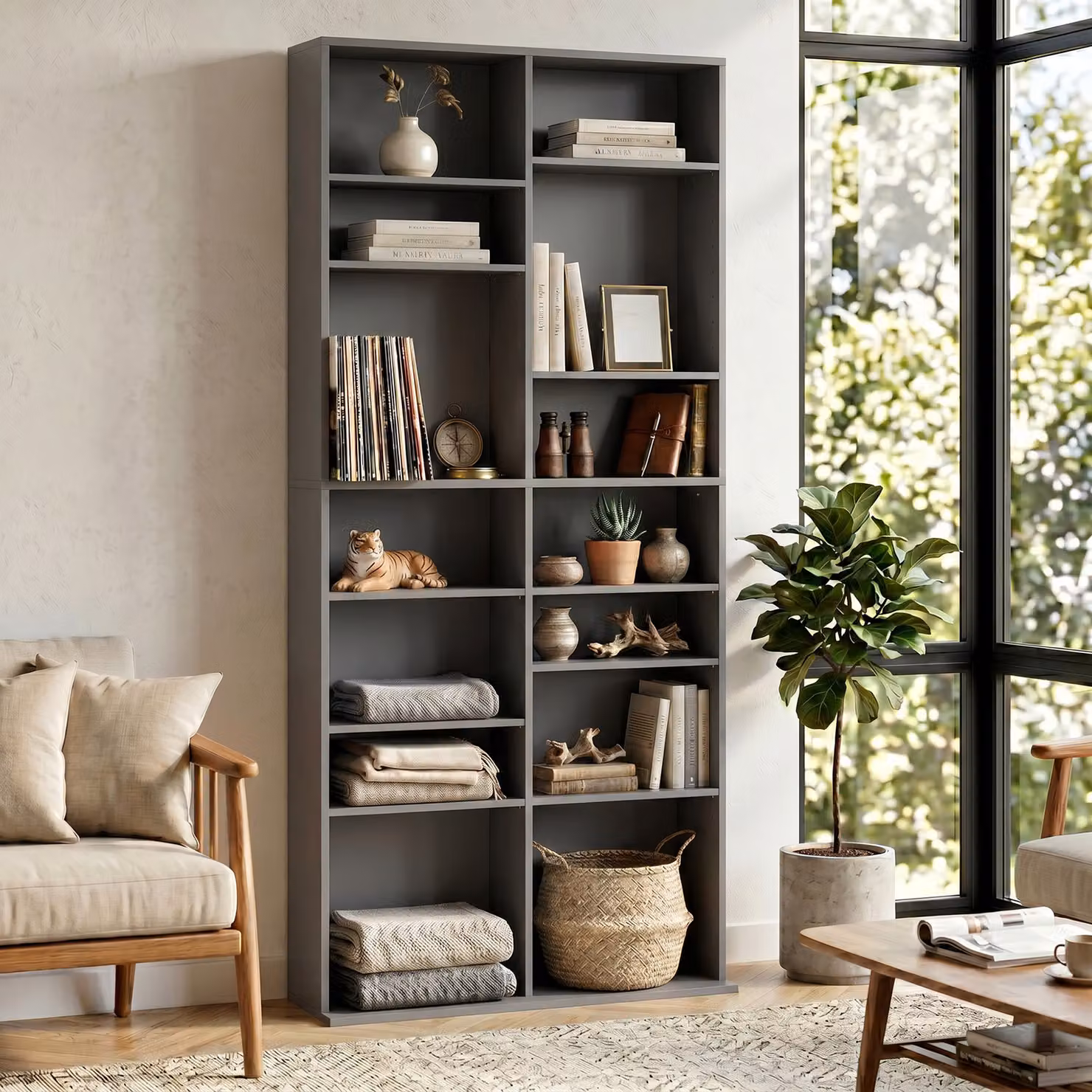 HOMCOM 640 CD Storage Tower in Grey with Adjustable Shelves and Media Compartments – 7