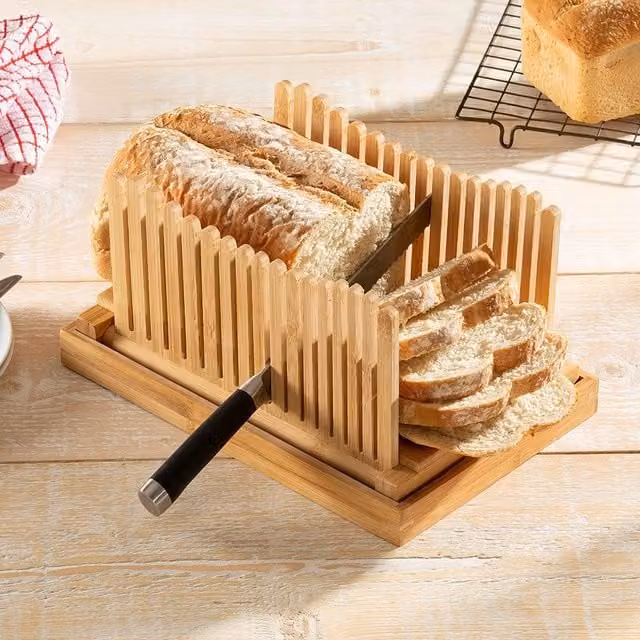 Homiu Bamboo Deluxe Bread Slicer with Container, Brown