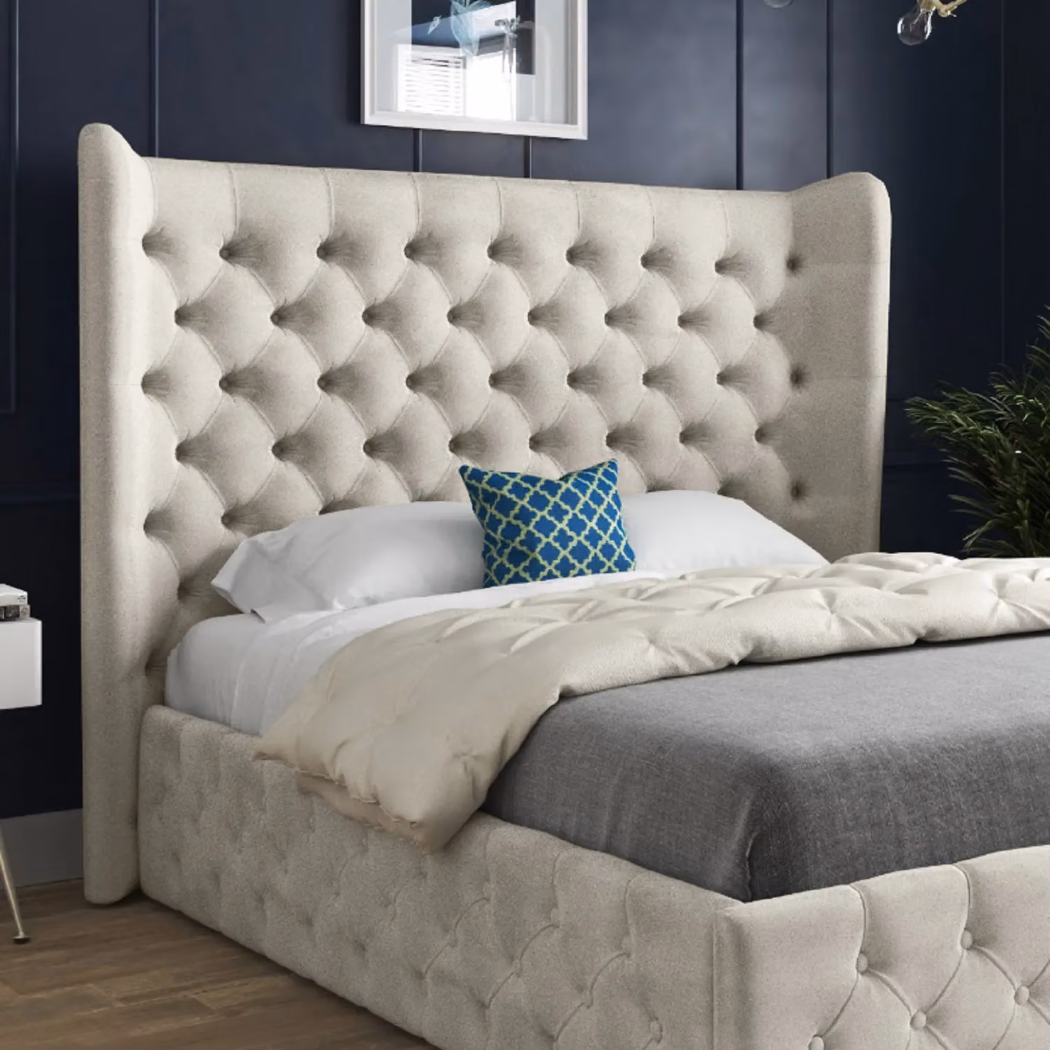 KDMD Florence Wide Winged Upholstered Soft Velvet Bed Frame in Beige, W/D/H: 159 x 120 x 137 cm – 2