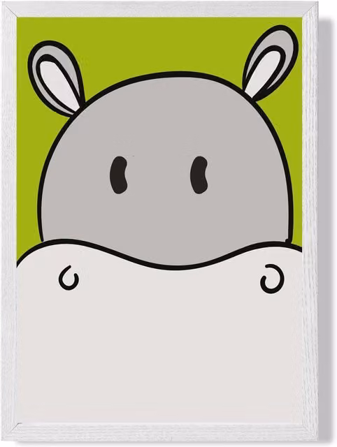 ARTZE Cute Cartoon Style Hippo Face Framed Paper Poster Print in Grey with White Frame, A3