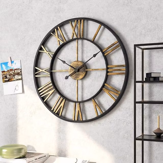 KORVIXA Black Metal Roman Skeleton Round Wall Clock, Diameter: 100 cm