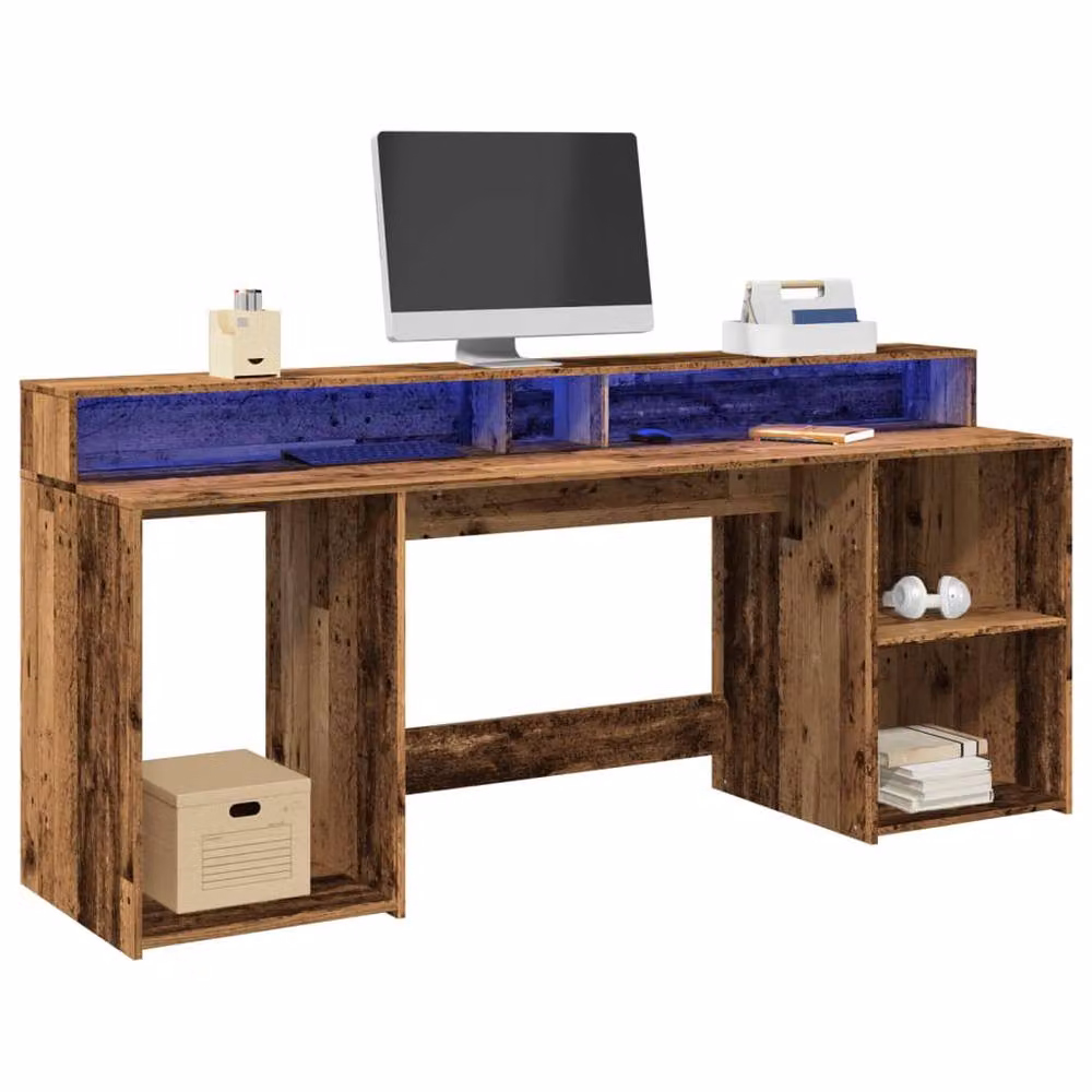 Berkfield Home Soft Desk with LED Lights in Old Wood Brown, W/D/H: 200 x 55 x 91 cm – 2