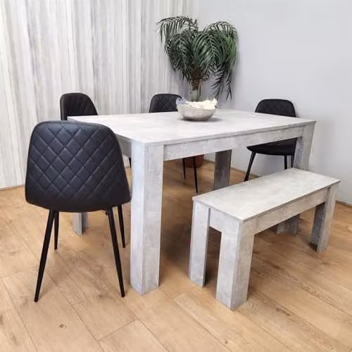 KOSY KOALA Modern 6 Seater Dining Set with Table, 4 Black Faux Leather Chairs and 1 Bench in Grey and Black