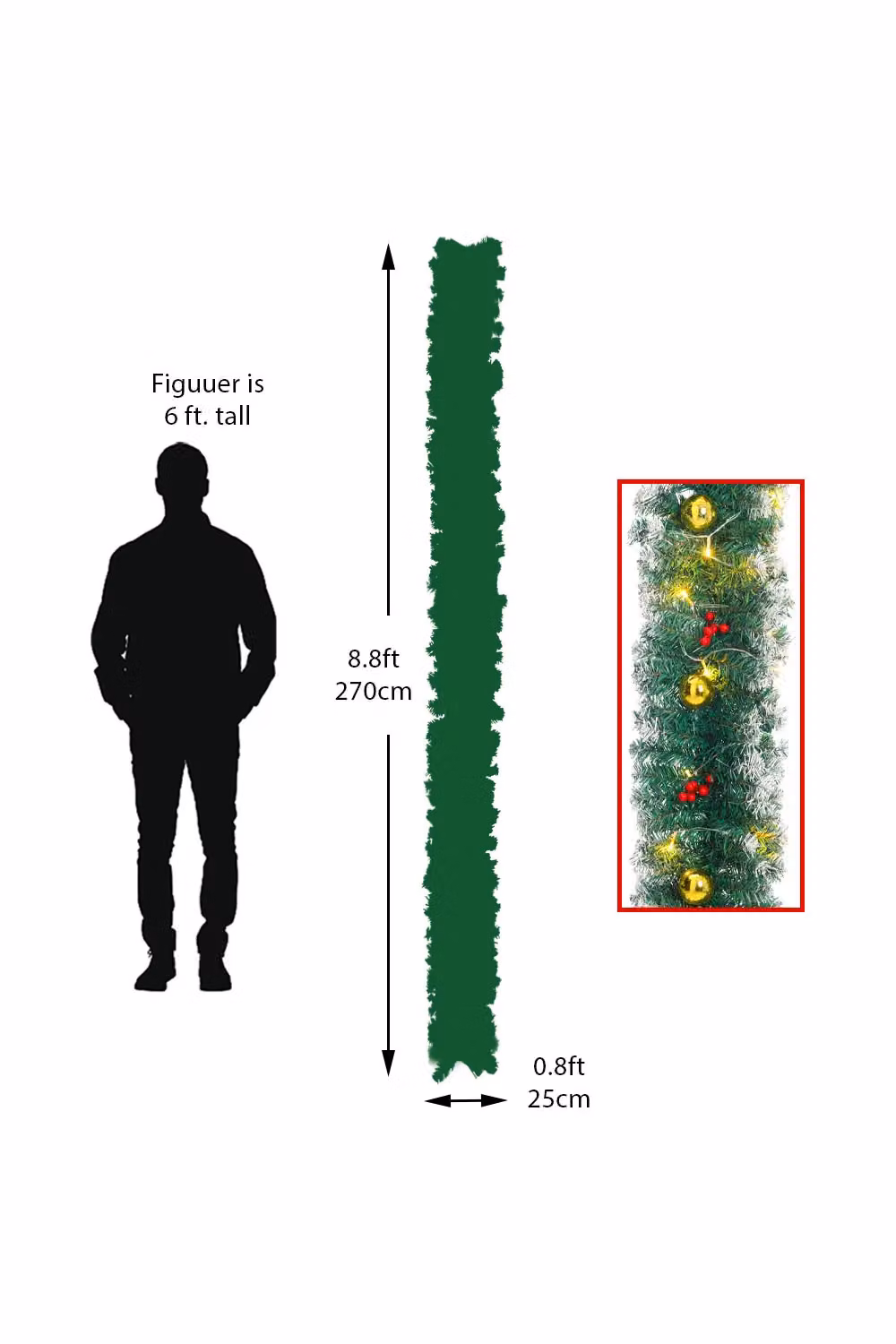 Living and Home 8.8ft Artificial Christmas Garland with Red Berries, Gold Baubles and Warm White Lights in Green – 5