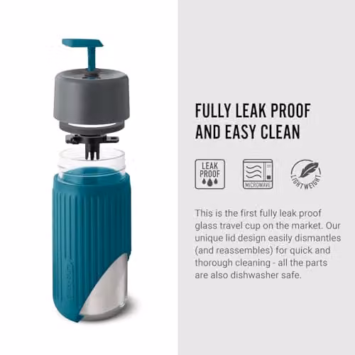 Black + Blum Double Walled Glass Travel Mug with Lid, Blue, 340ml – 2