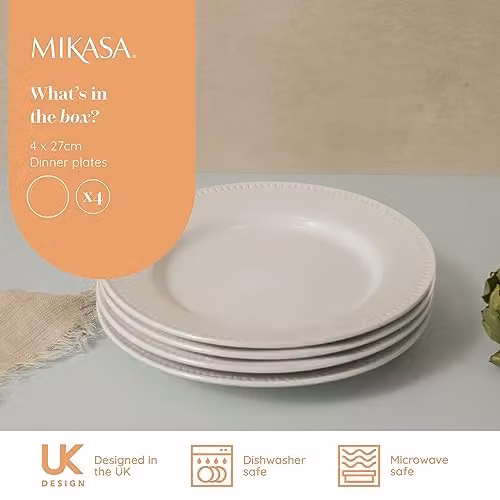 Mikasa Cranborne White Stoneware Dinner Plate Set of 4, Diameter: 27 cm – 2