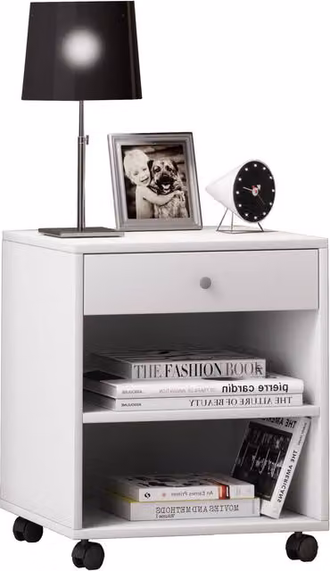 VCM White Wooden Bedside Table with Rolda Drawer Rollers W: 38.0 cm, D: 45.0 cm, H: 54.0 cm