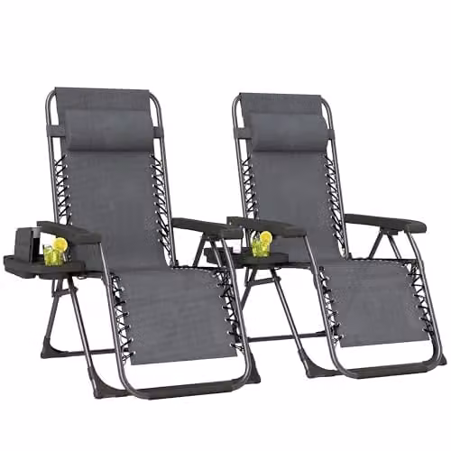 Outsunny Set of 2 Zero Gravity Garden Chairs in Grey with Adjustable Headrest, Side Tray and Cup Holders