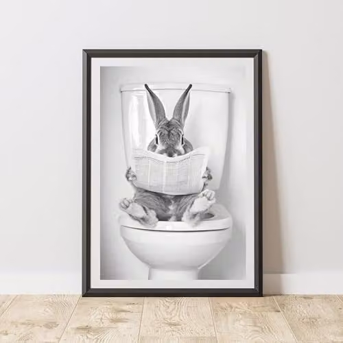 60 Second Makeover Bunny On The Toilet Animal Print Paper Poster, Black White and Grey, W: 21.0 cm, H: 29.7 cm