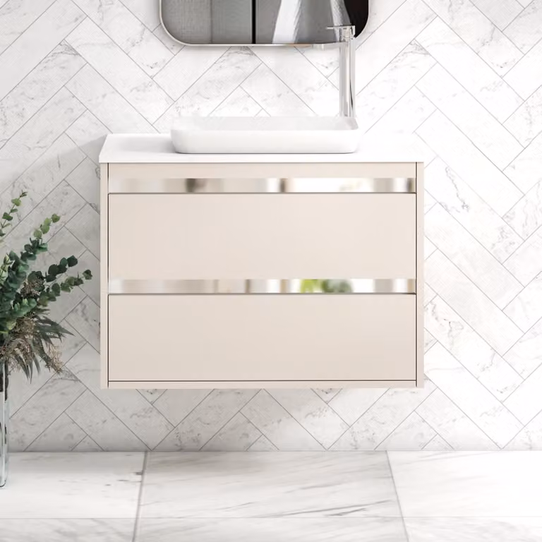 Royal Bathrooms Orion 800mm Warm Taupe Wall Hung Vanity Unit with White Qubix Basin and Chrome Accent Trim