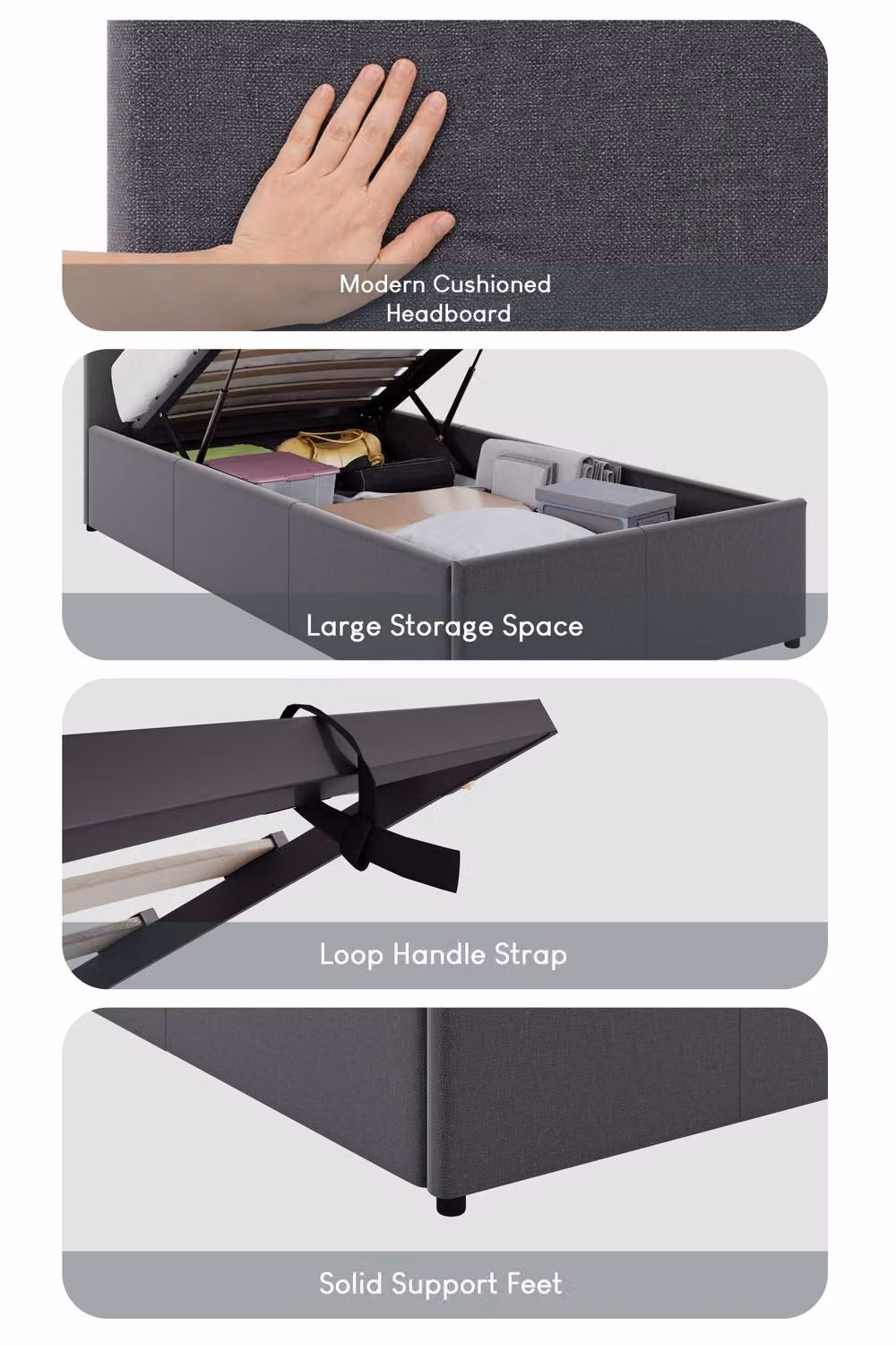 Vida Designs Veronica Single Ottoman Bed Frame in Dark Grey Linen Fabric with Lift Up Base – 3