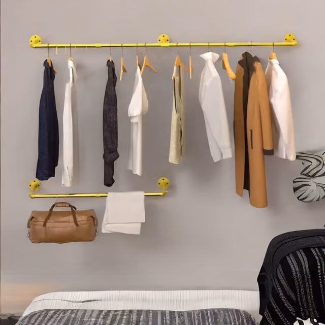 Pirlo Plush Industrial Adjustable Heavy Duty Metal Pipe Wall-Mounted Hanging Rail in Gold – 1