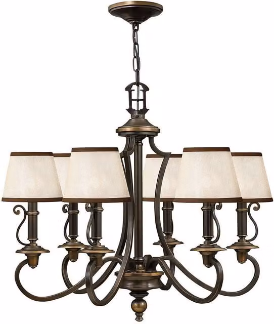Loops 6 Bulb Chandelier Hanging Pendant Light in Olde Bronze with Beige Fabric Shades, E14 60W LED Compatible