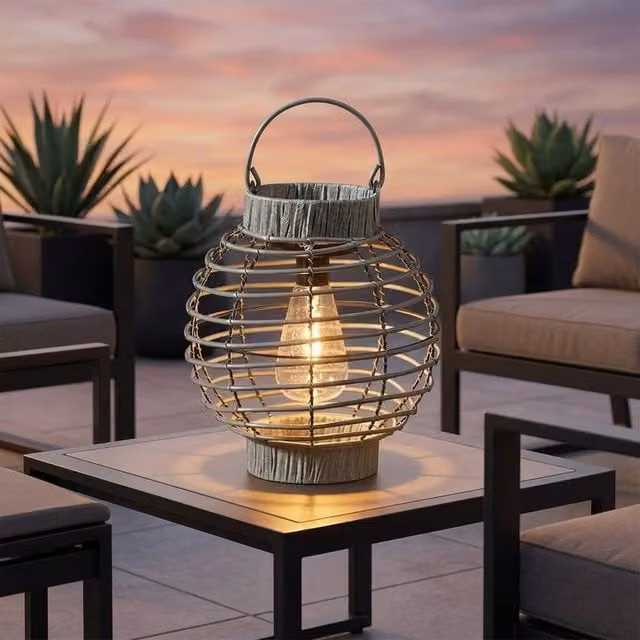 Garden Greatness Slate Terra Solar Rattan Style Garden Lantern in Sand, W/D/H: 23.5 x 22.5 x 22.5 cm