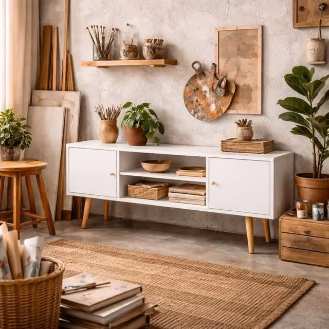 Wyld Haus Vido White TV Cabinet with Open Shelves and Wooden Legs, W: 120 cm, H: 52 cm, D: 34 cm – 1