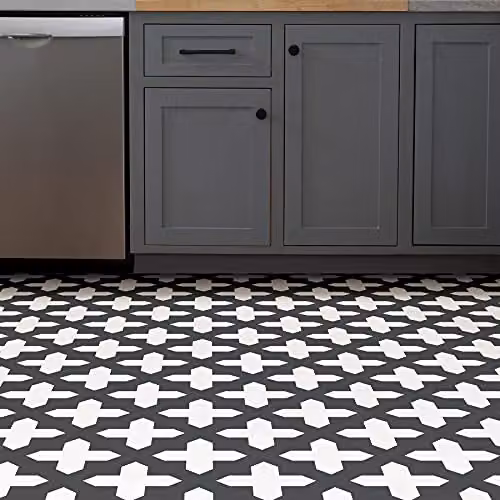 FloorPops FP3308 Nordic Self-Adhesive Geometric Tile-Look Floor Tiles, Black and White – 4