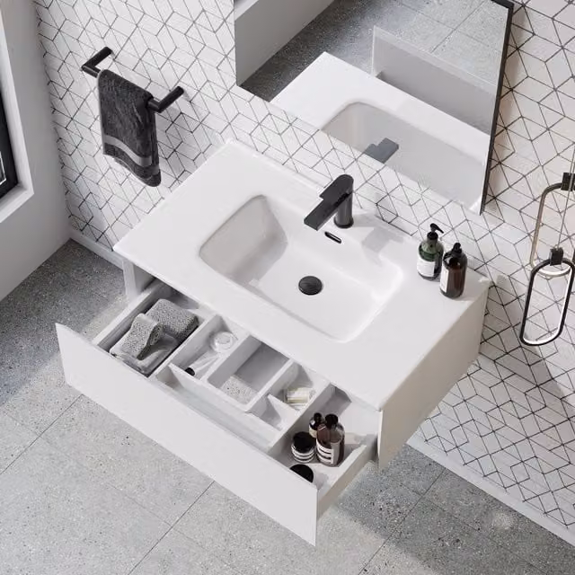 Banyetti Kameo 800mm Wall-Hung 1 Drawer Vanity Unit with Athena Basin, Matt White, W: 80 cm, D: 45 cm, H: 55 cm