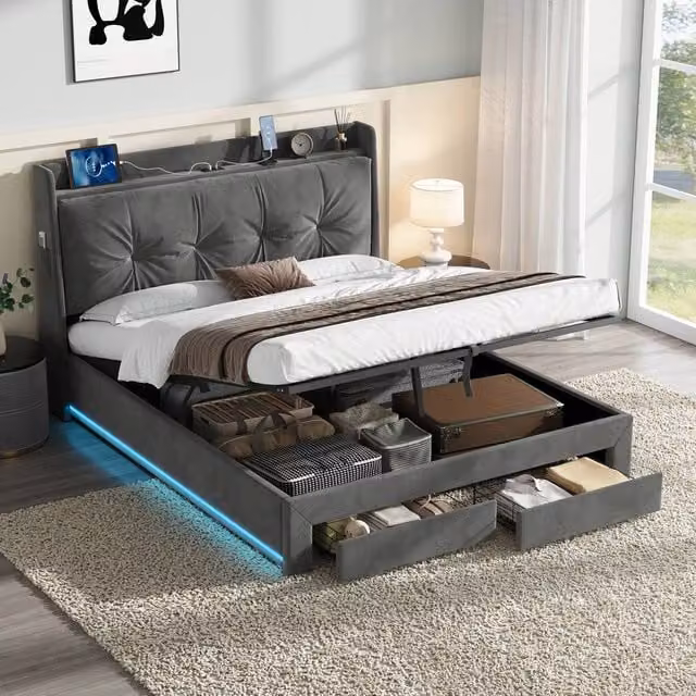 Merax Grey Velvet Double Ottoman Storage Bed Frame with LED Lighting and USB Charging Port, W/D/H: 140 x 200 cm