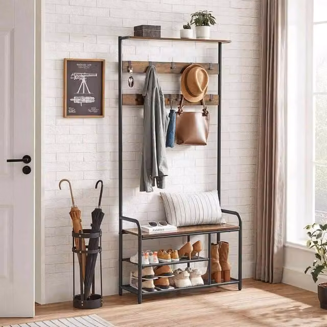The Bazaarist Industrial Hall Tree with Bench and 9 Hooks, Brown and Black