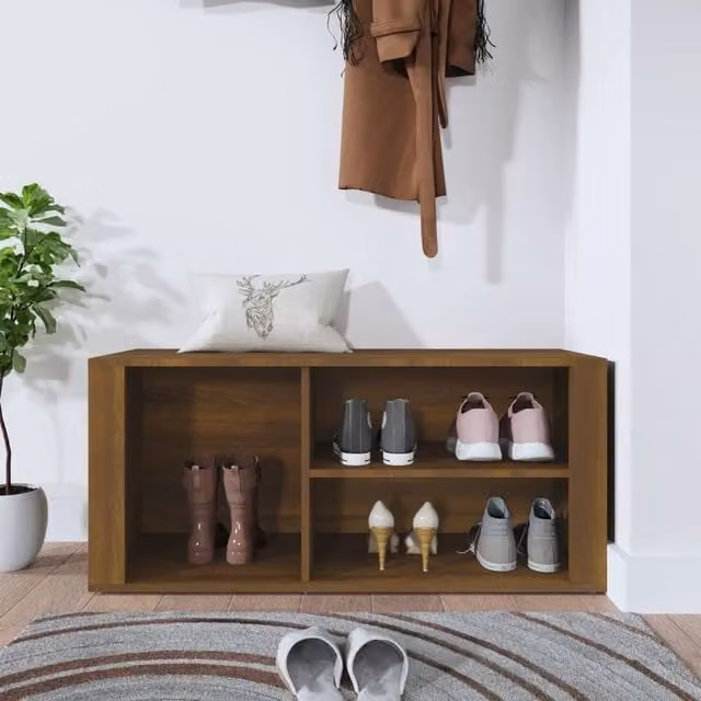 Berkfield Home Brown Oak Shoe Cabinet with Integrated Seat, W: 100 cm, D: 35 cm, H: 45 cm – 1