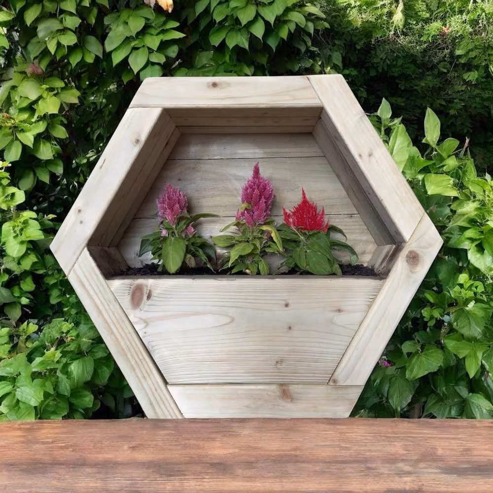 Buttercup Farm Small Hanging Wooden Hexagon Wall Planter, Brown, W: 34 cm, H: 30 cm – 2