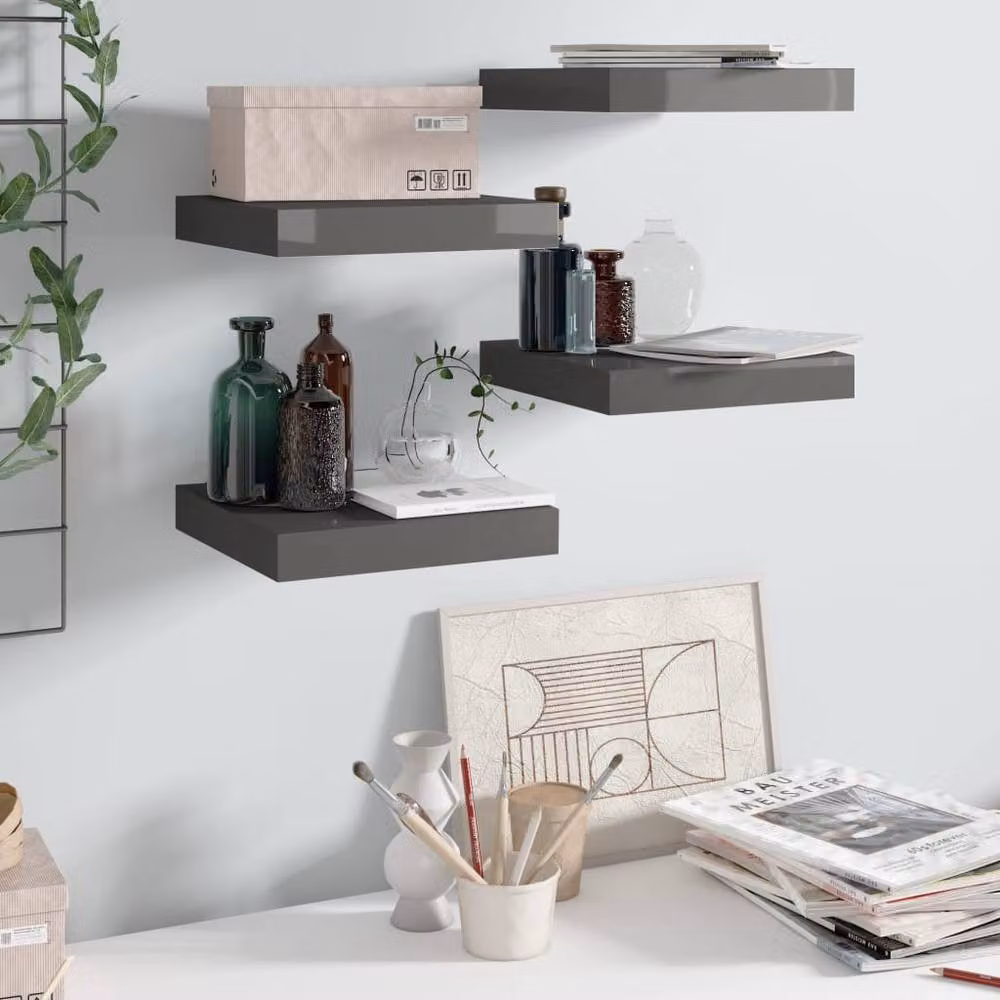 Berkfield Home Set of 4 Durable Floating Wall Shelves in High Gloss Grey, W/D/H: 23 x 23.5 x 3.8 cm – 2