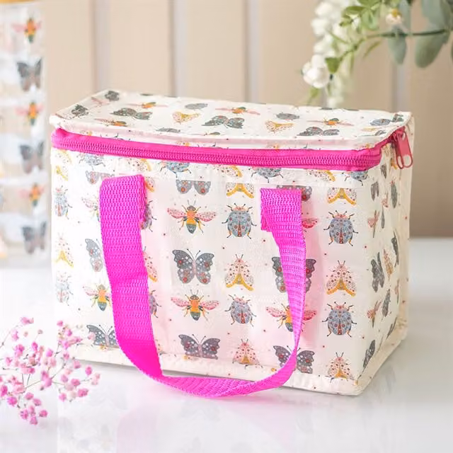 KDMK Insulated Floral Bug Print Lunch Bag in White and Pink