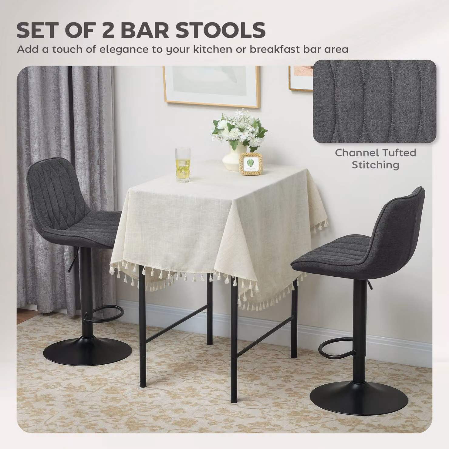 HOMCOM Set of 2 Height Adjustable Swivel Bar Stools with Backrest in Grey Velvet – 4
