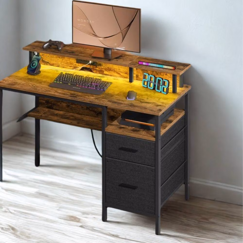 Pirlo Plush Industrial Computer Desk with USB Outlets and LED Lights, Brown, Width: 120 cm – 2