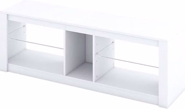 KORVIXA Modern White Glass TV Stand with Integrated Lighting and Media Compartments, W/D/H: 100 x 100 x 100 cm – 1