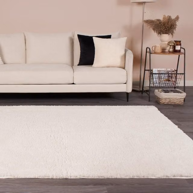 OHS Fluffy Teddy Rug Soft Non-Slip Area Mat in Cream, W: 160 cm, D: 230 cm