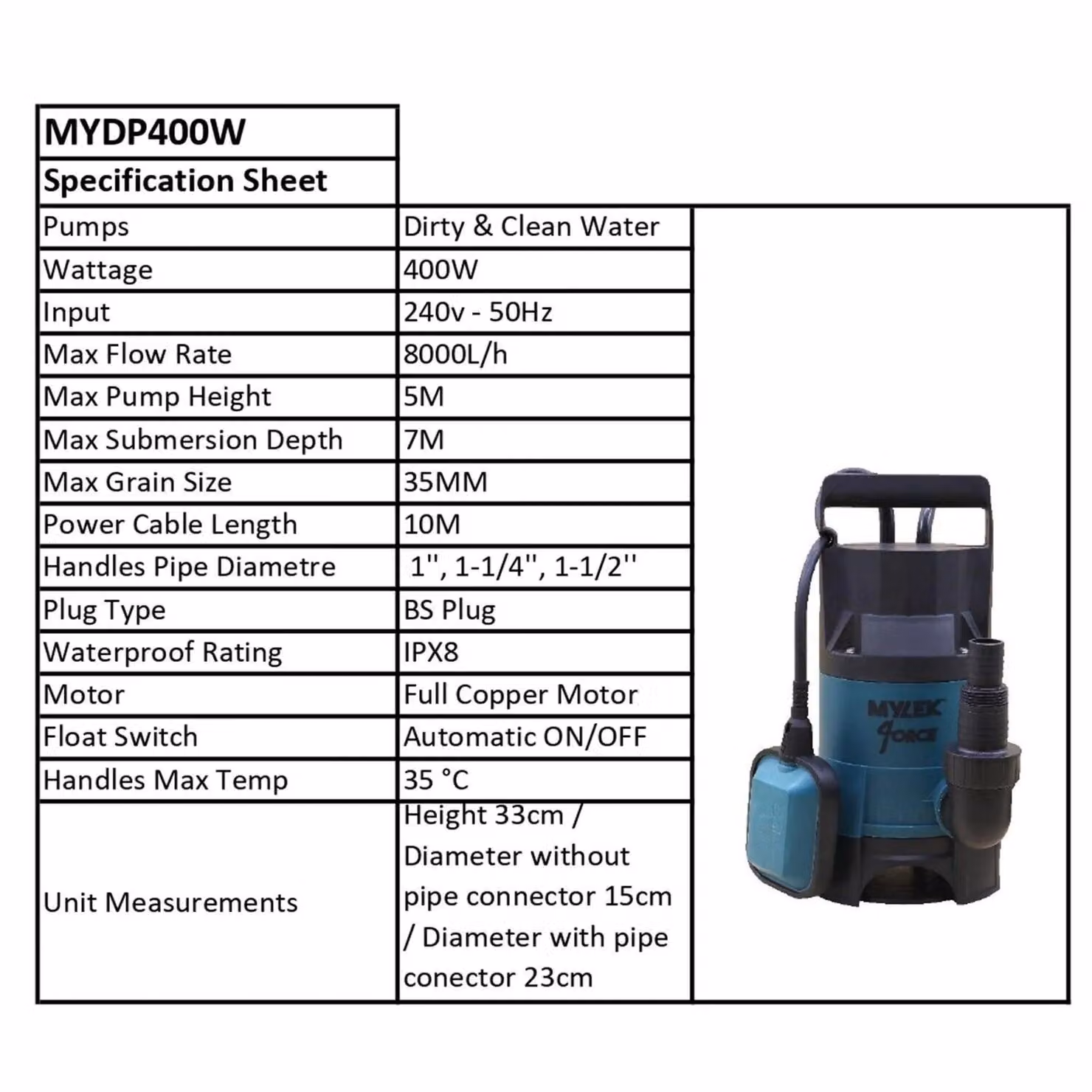 MYLEK 400W Electric Submersible Dirty or Clean Water Pump with 15m Hose, Blue – 4