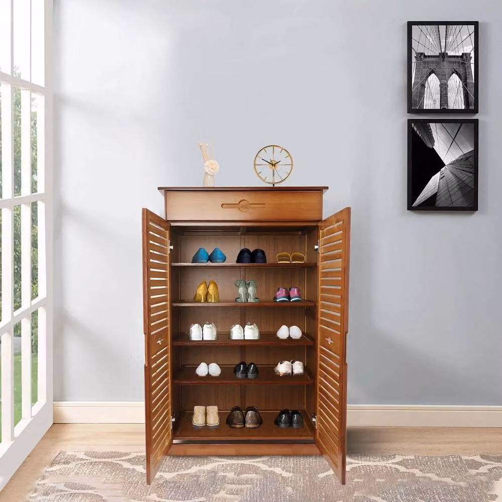 Kelvenix Modern Brown Bamboo Hallway Shoe Rack with Roll Shutter and Internal Drawers – 4