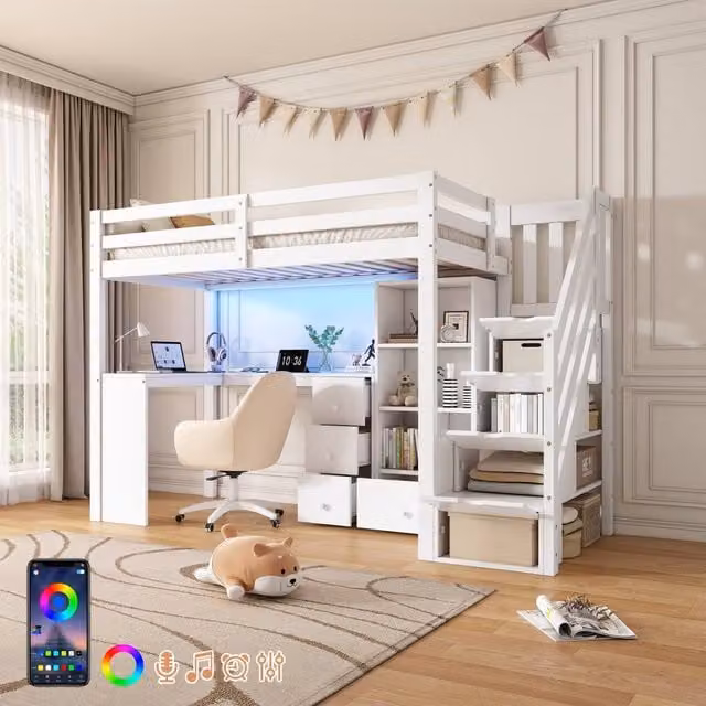 Rolipo Single Loft Bed with L-Shaped Desk, Storage Stairs and RGB LED Lighting, White, 140 x 200 cm – 1